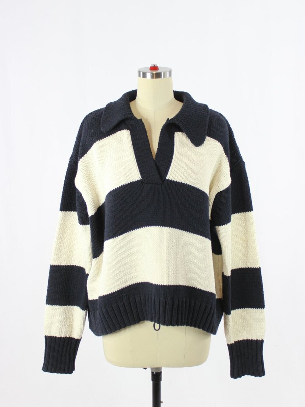 ZARA Navy Ivory Striped Polyester Cotton Knit Polo Sweater, Size L